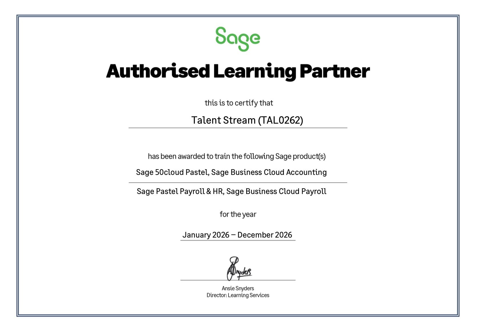 Talent Stream is a a Sage Authorised Learning Partner 2026